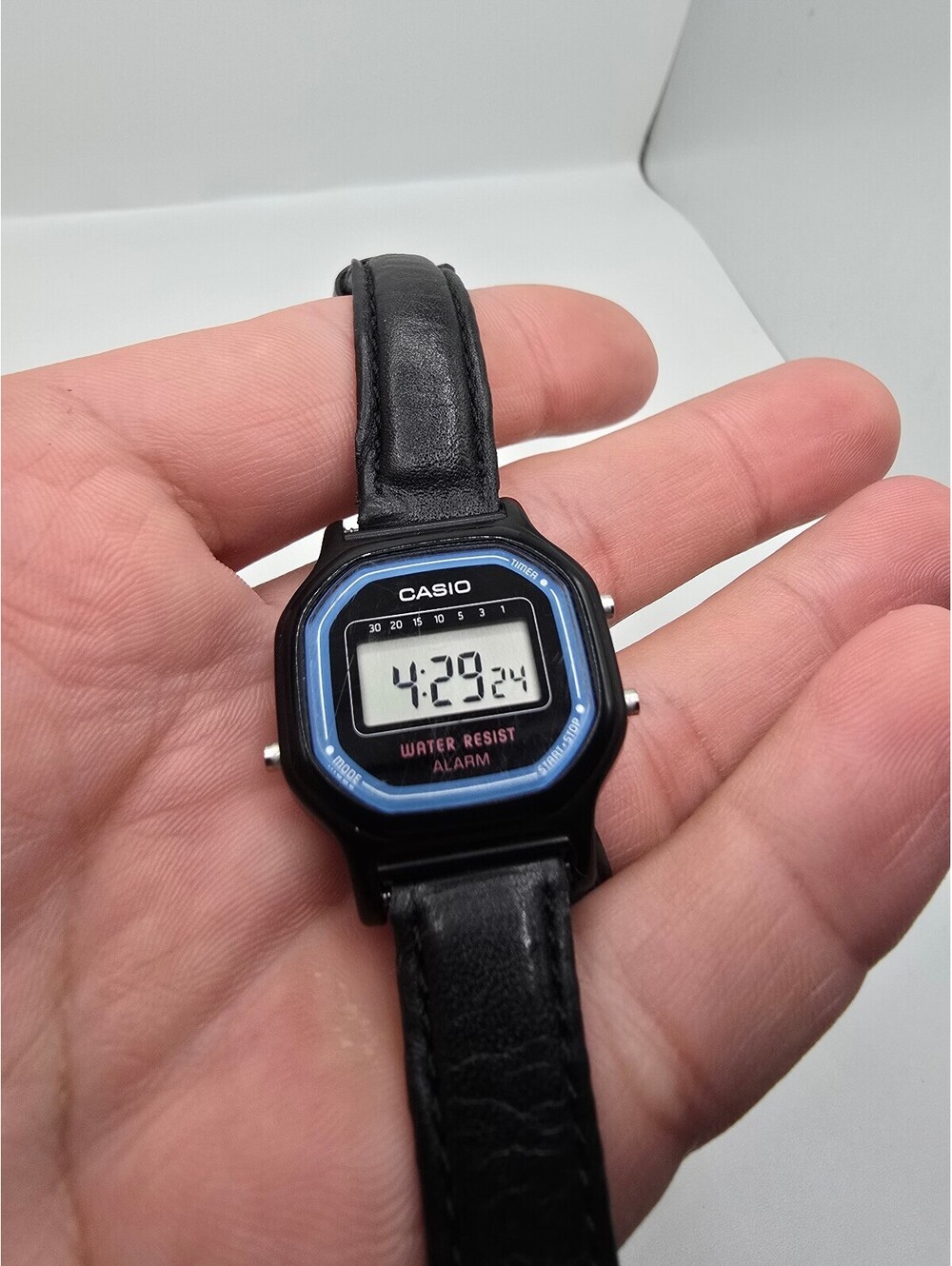 Casio LA-11W Quartz Digital Alarm Water-Resistant Black Leather Strap Watch